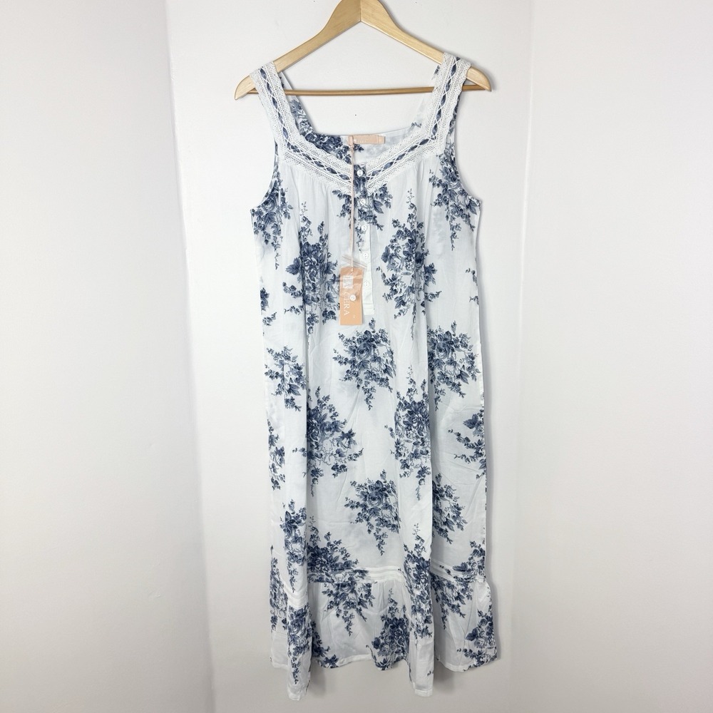 La Cera 100% Cotton Lace Trim Flounce Night Gown M Blue Floral Feminine Cottage